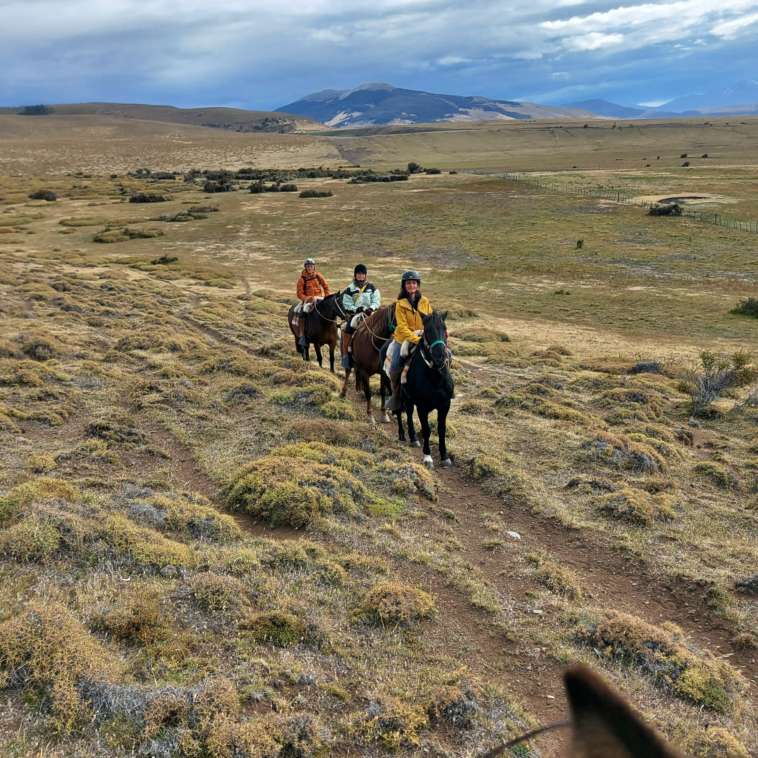 Cabalgata de visitantes en hilera por la estancia patagónica